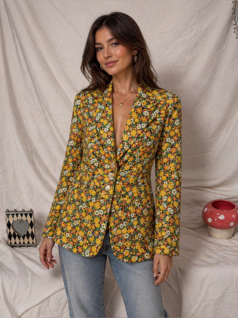 Floral Yellow Green Women's Blazer Jacket